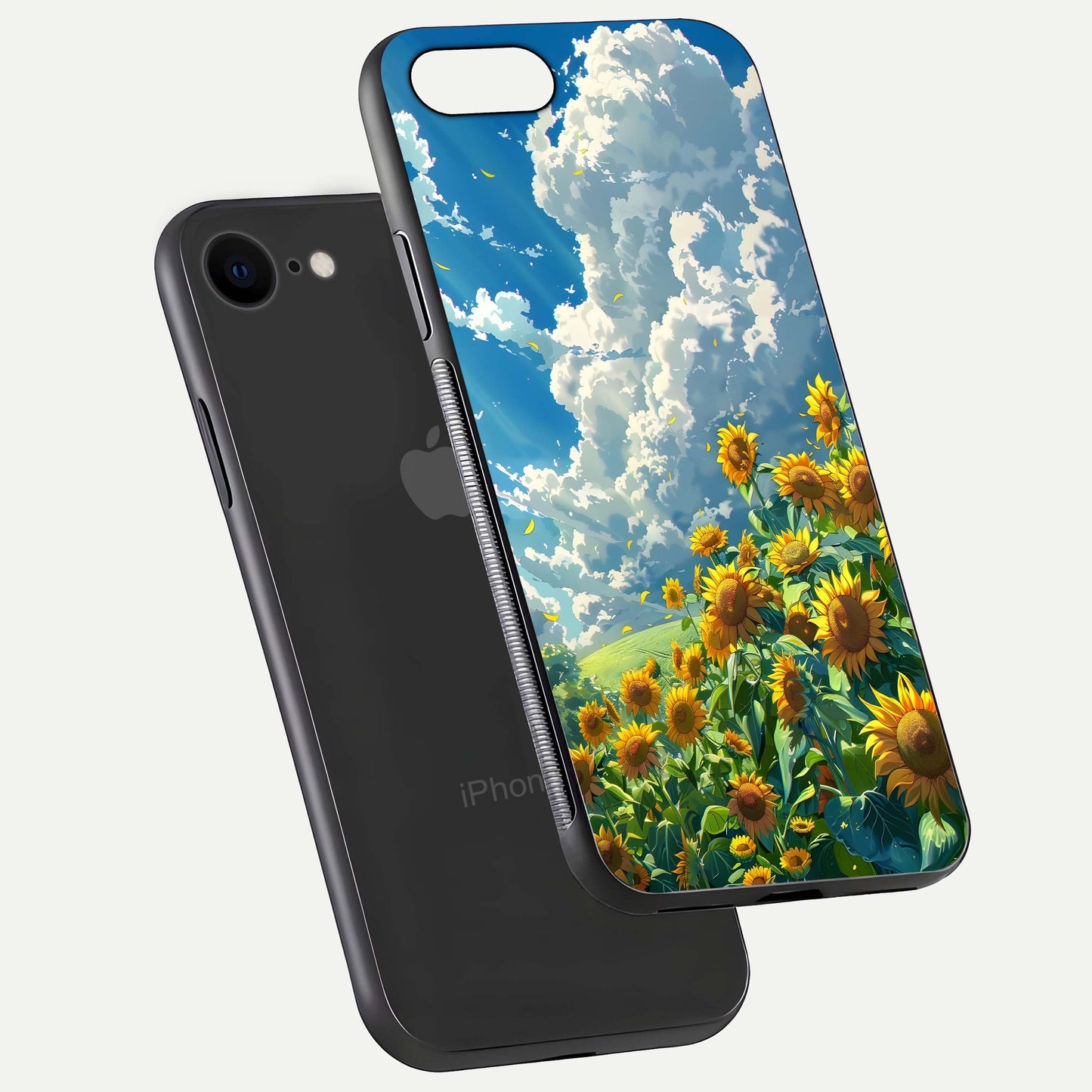 Golden Sun Glory Glass Case for iPhone 7 floating dual-view mockup showing gloss shine and premium surface