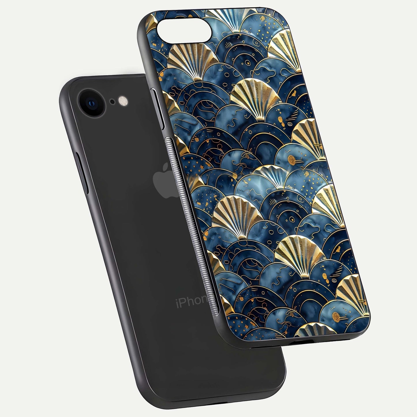 Golden Wave Luxe Glass Case for iPhone 7 floating dual-view mockup showing gloss surface and shimmering tones