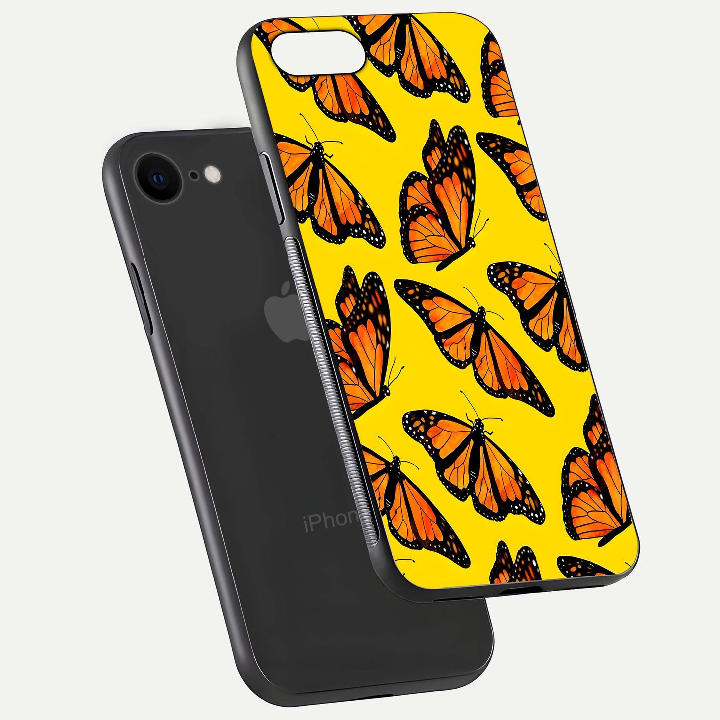 Golden Wing Flight Glass Case for iPhone 7 floating dual-view mockup showing gloss reflection and luxury tone