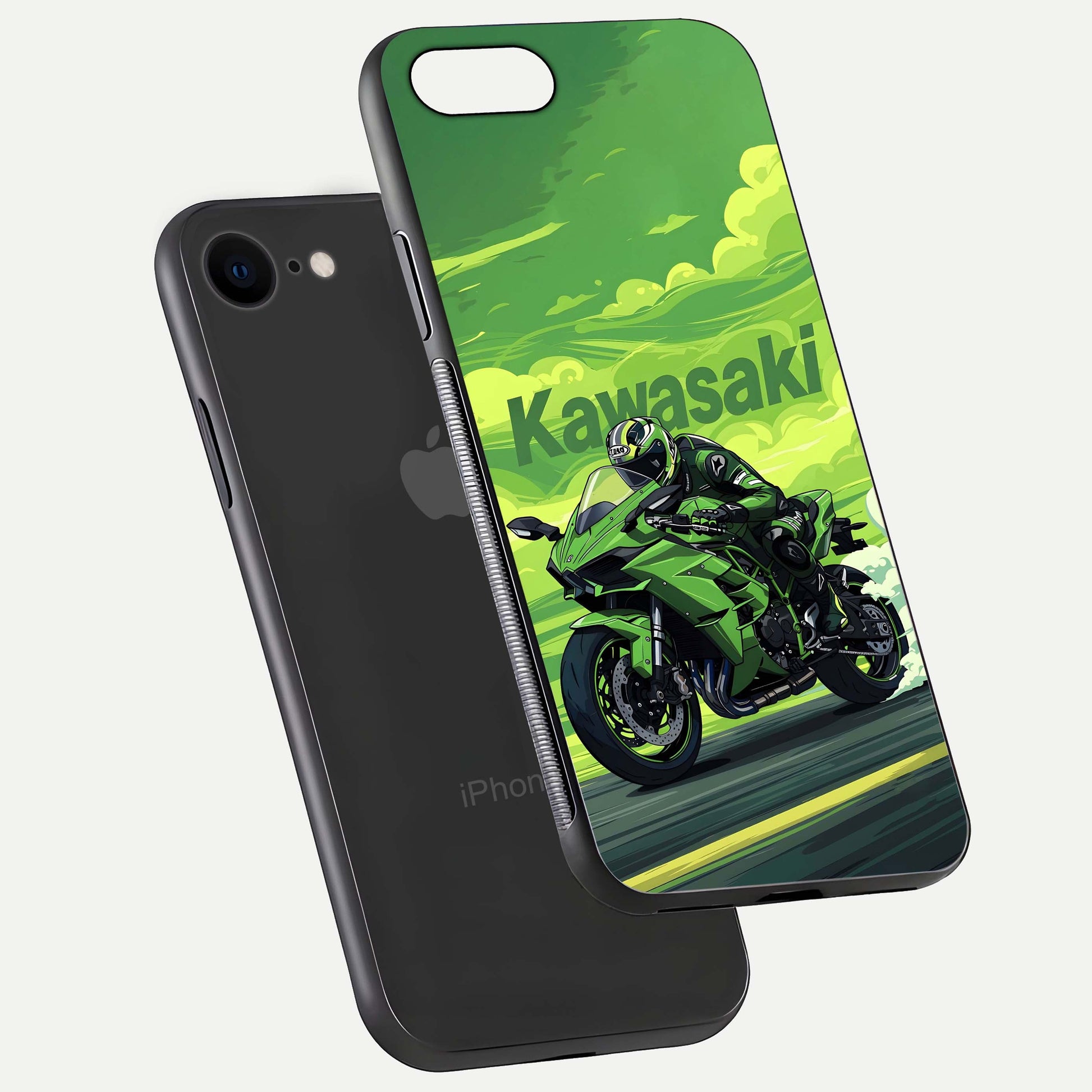Green Kawasaki Glass Case for iPhone 7 floating dual-view mockup showing gloss surface and power-bike theme