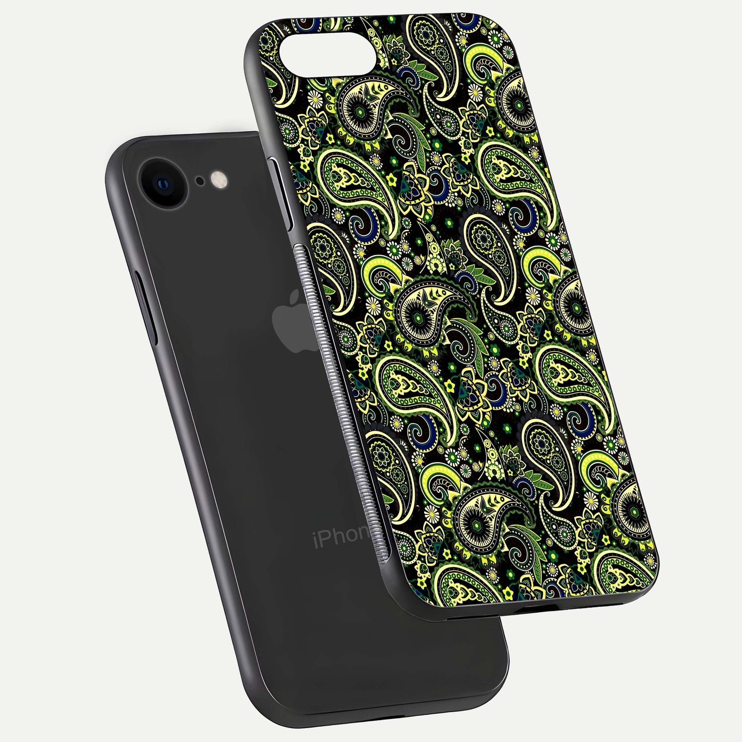 Green Mandala Pattern Glass Case for iPhone 7 floating dual-view mockup showing gloss texture and symmetry shine