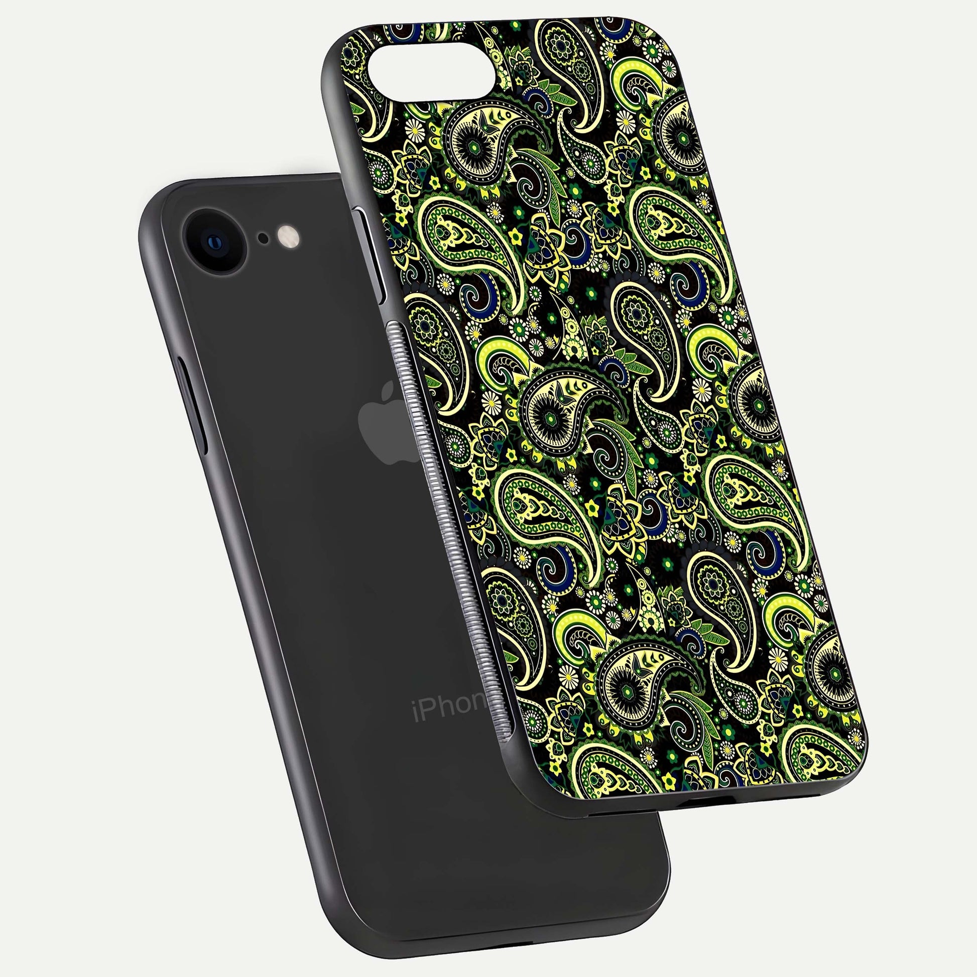 Green Mandala Pattern Glass Case for iPhone 7 floating dual-view mockup showing gloss texture and symmetry shine