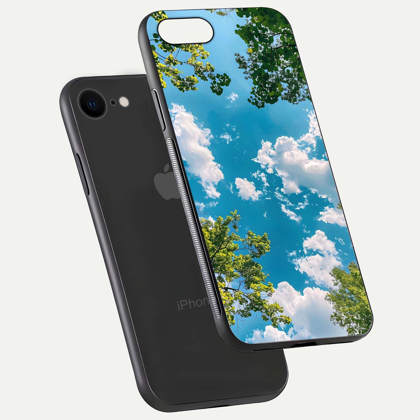 Greenery Sky Glass Case for iPhone 7 floating dual-view mockup showing glossy shine and soft natural tones