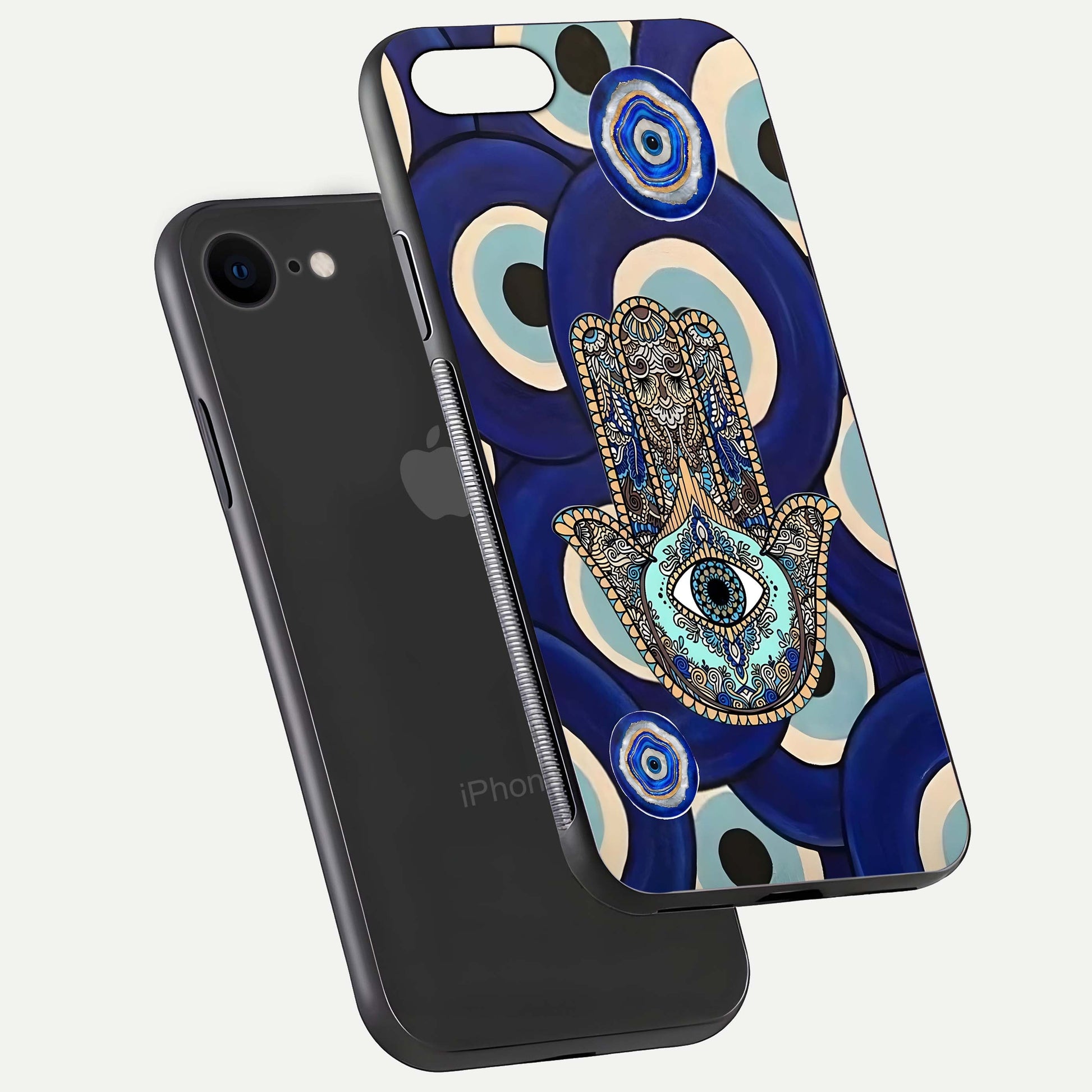 Hamsa Divine Guard Glass Case for iPhone 7 floating dual-view mockup showing gloss shine and mystical pattern