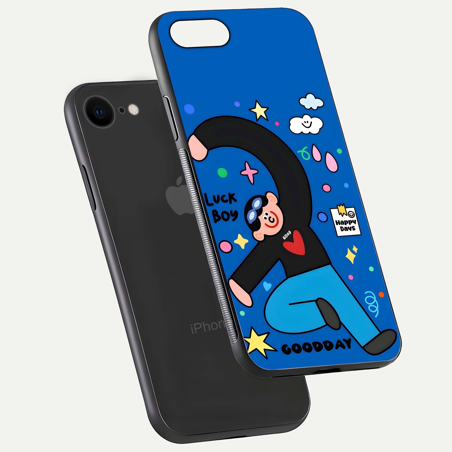 Happy Luck Vibe Glass Case for iPhone 7 floating dual-view mockup showing glossy tone and bright finish