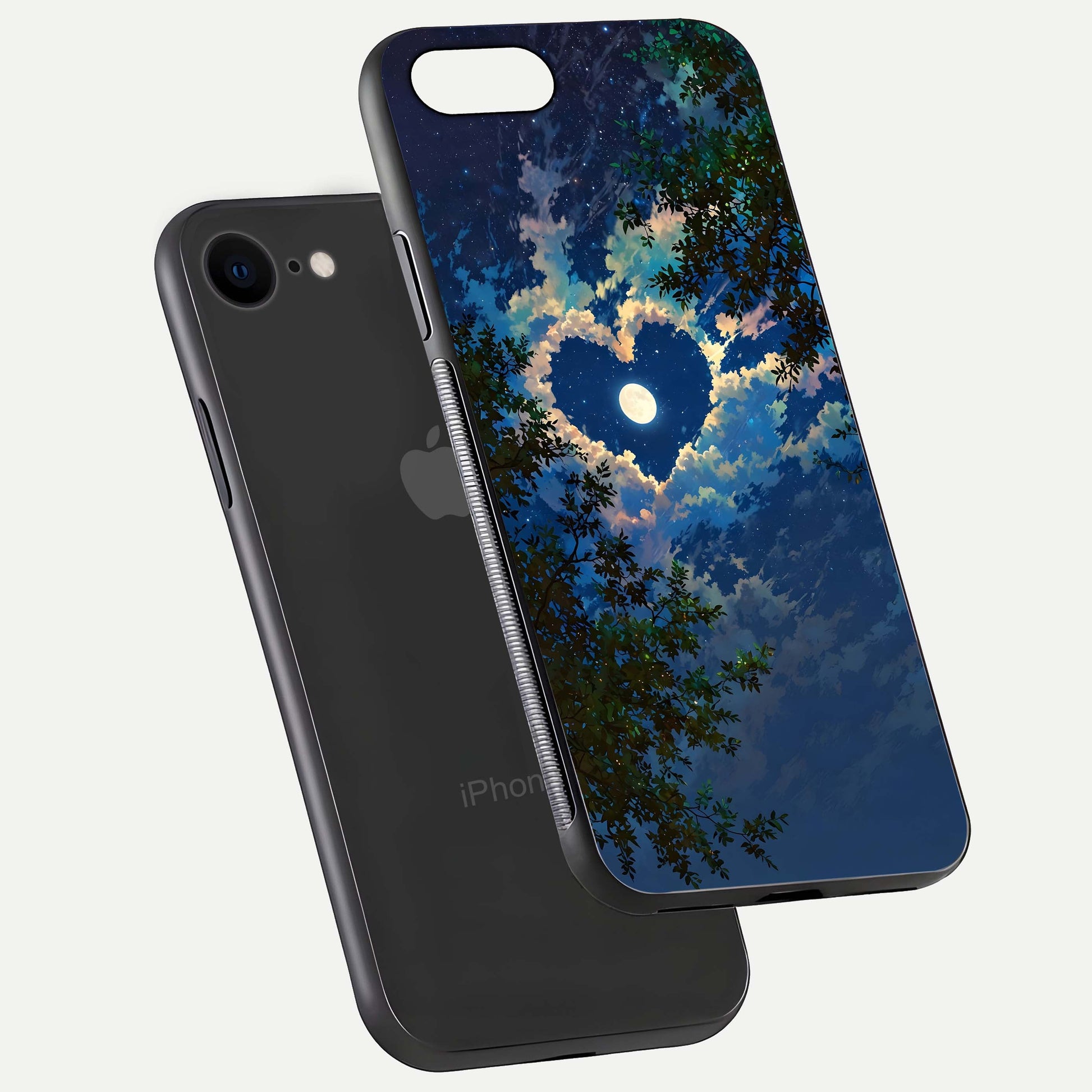 Heart with Moon Sky Glass Case for iPhone 7 floating dual-view mockup showing gloss texture and romantic sky glow