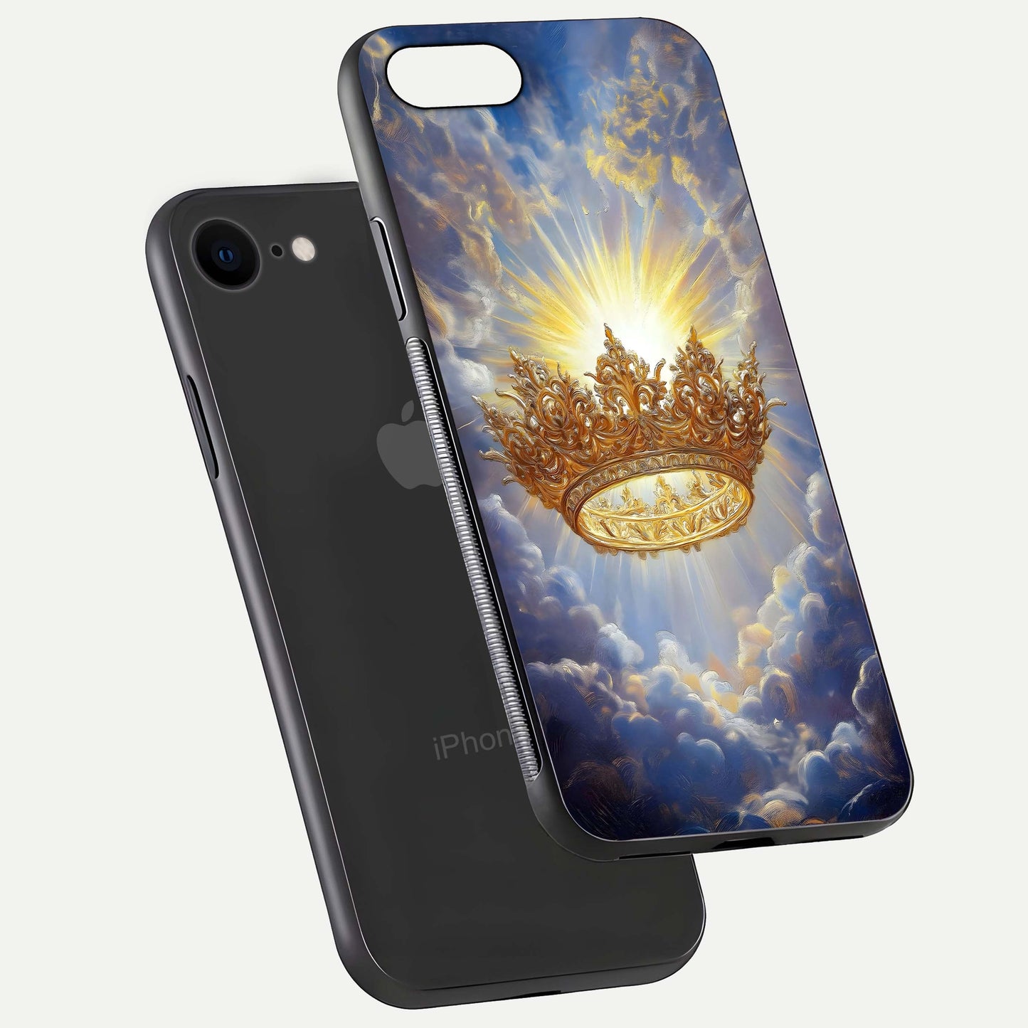Heavenly Crown Light Glass Case for iPhone 7 floating dual-view mockup showing gloss shine and luminous crown texture