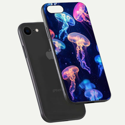 Jellyfish Pattern Glass Case for iPhone 7 floating dual-view mockup showing gloss texture and oceanic depth