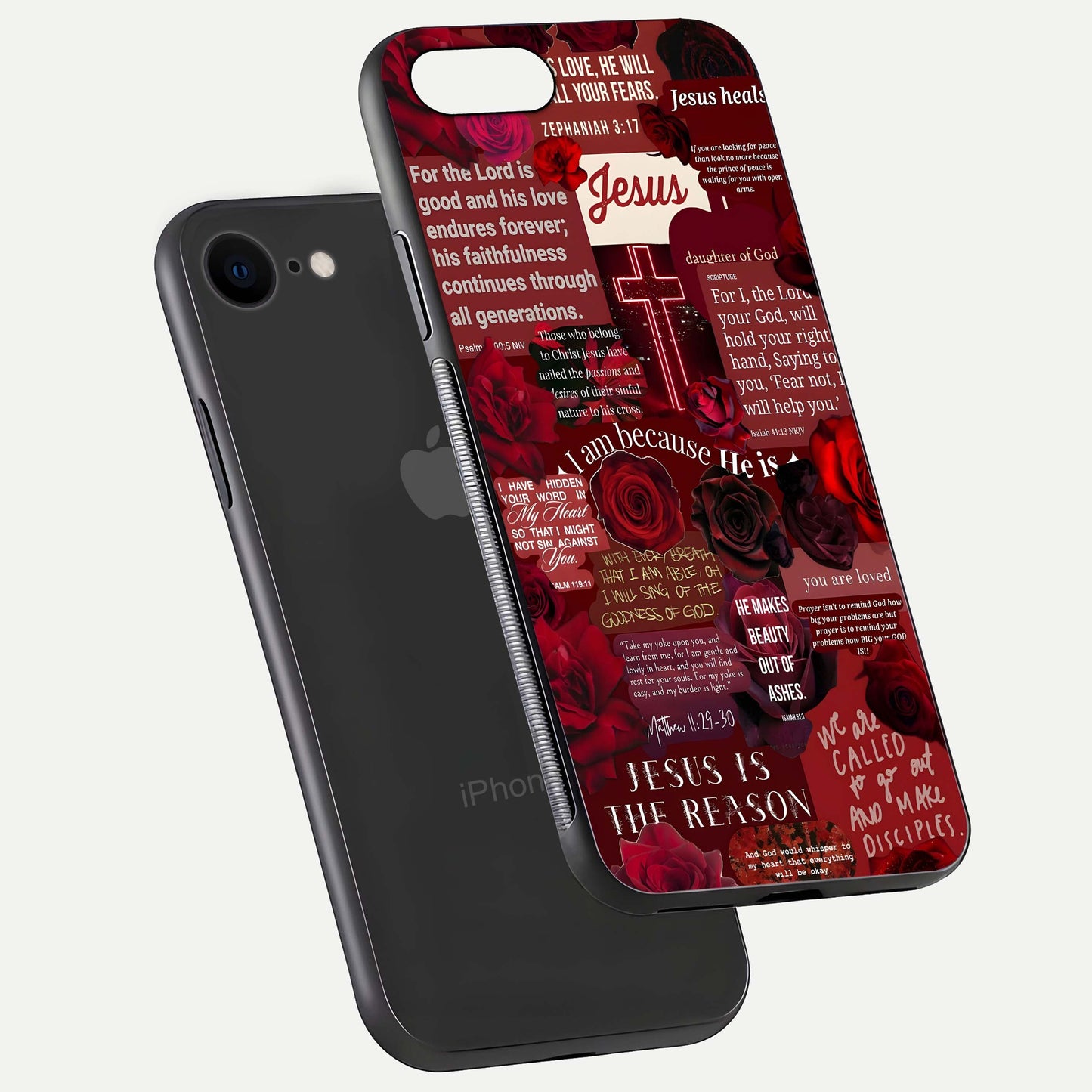 Jesus Love Heals Glass Case for iPhone 7 floating dual-view mockup showing glossy shine and faith-inspired art