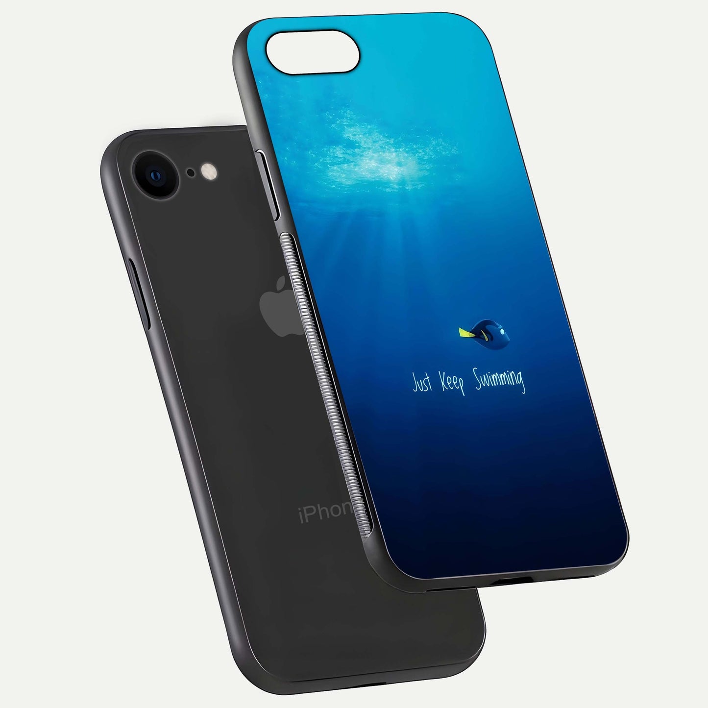 Just Keep Swimming Glass Case for iPhone 7 floating dual-view mockup showing gloss brightness and wave motif