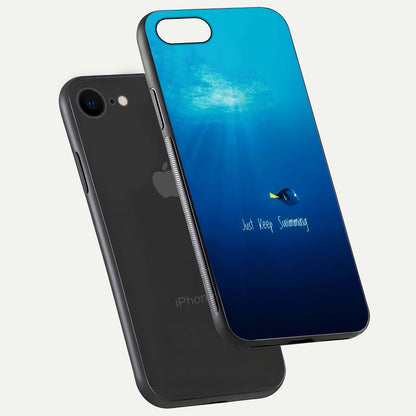 Just Keep Swimming Glass Case for iPhone 7 floating dual-view mockup showing gloss brightness and wave motif