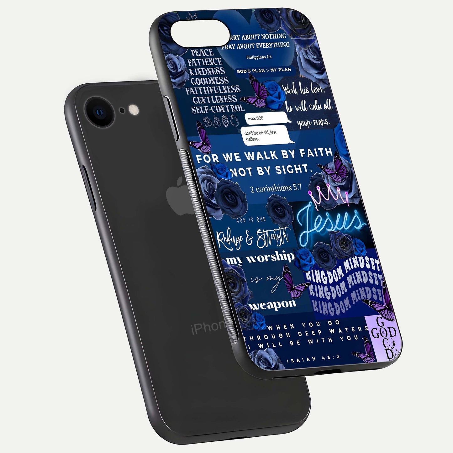 Kingdom Faith Glow Glass Case for iPhone 7 floating dual-view mockup showing premium gloss and golden aura
