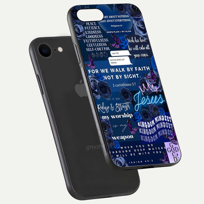 Kingdom Faith Glow Glass Case for iPhone 7 floating dual-view mockup showing premium gloss and golden aura