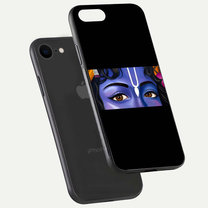 Krishna Eye Glass Case for iPhone 7 floating dual-view mockup showing gloss surface and divine art depth