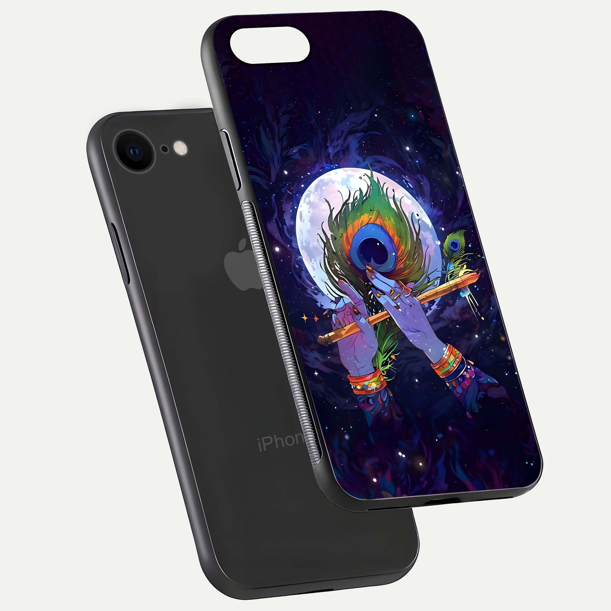 Krishna Hands Art Glass Case for iPhone 7 floating dual-view mockup showing premium gloss reflection