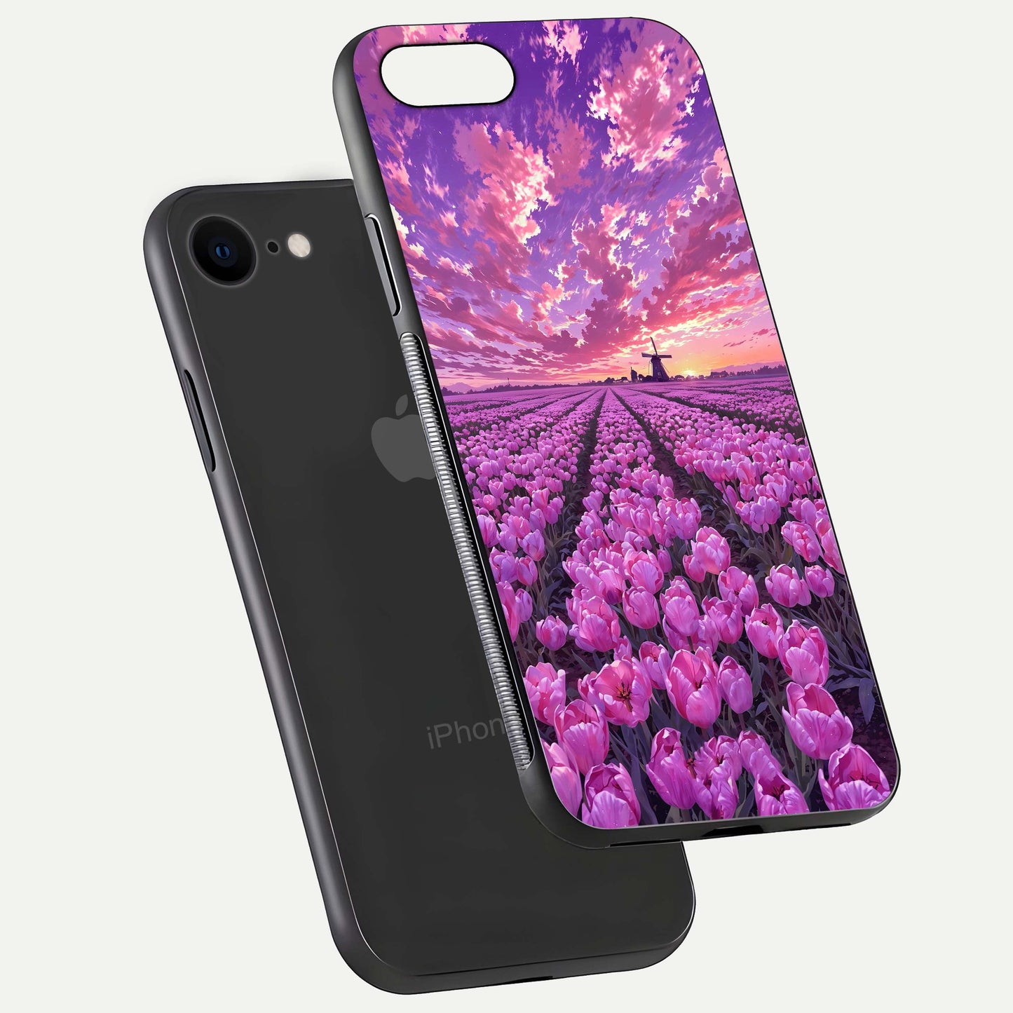 Lavender Dream Skies Glass Case for iPhone 7 floating dual-view mockup showing gloss polish and pastel design