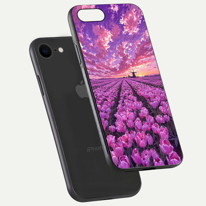 Lavender Dream Skies Glass Case for iPhone 7 floating dual-view mockup showing gloss polish and pastel design