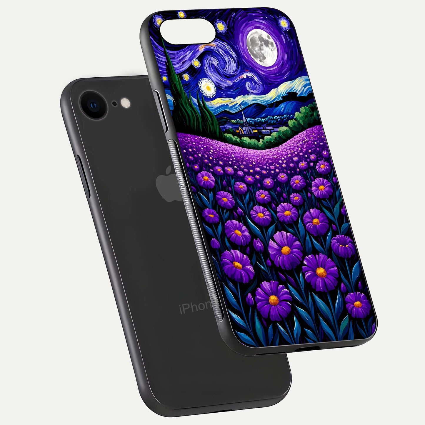 Lavender Moon Field Glass Case for iPhone 7 floating dual-view mockup showing gloss surface and floral glow
