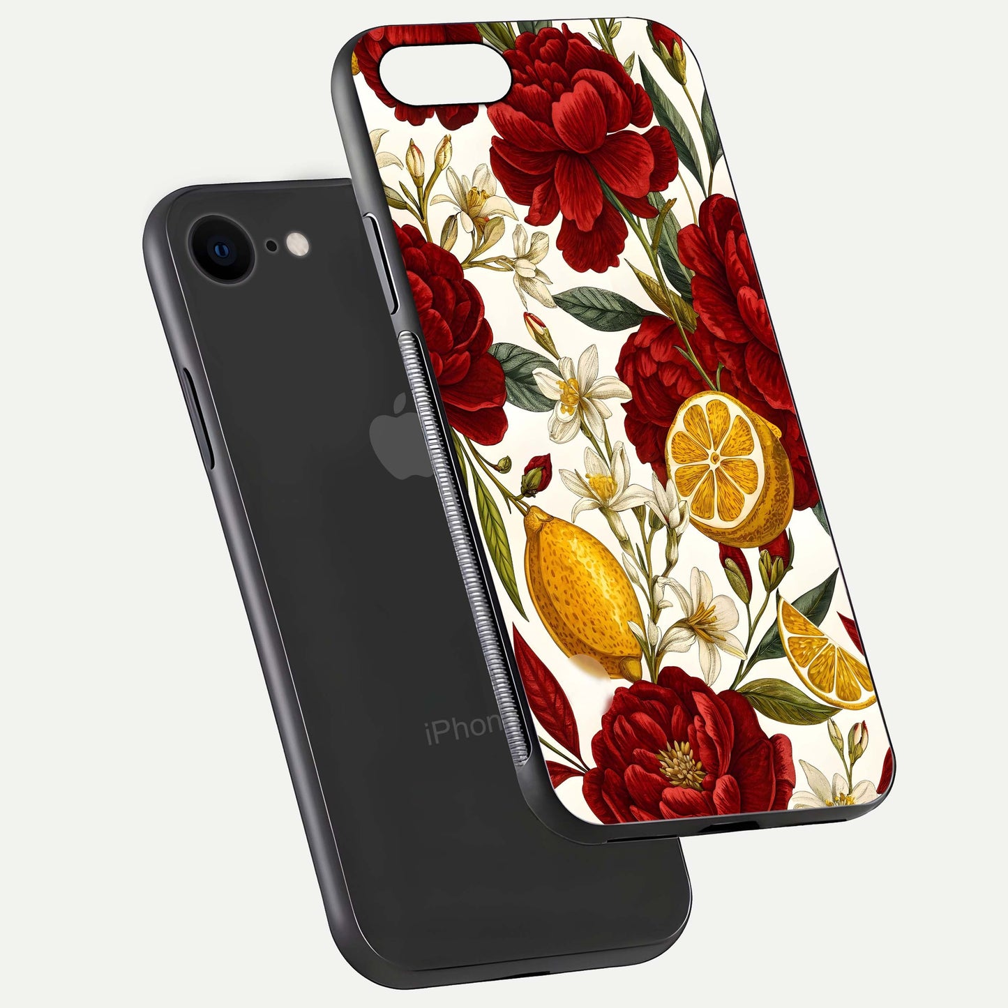 Lemon Rose Charm Glass Case for iPhone 7 floating dual-view mockup showing gloss polish and floral gradient