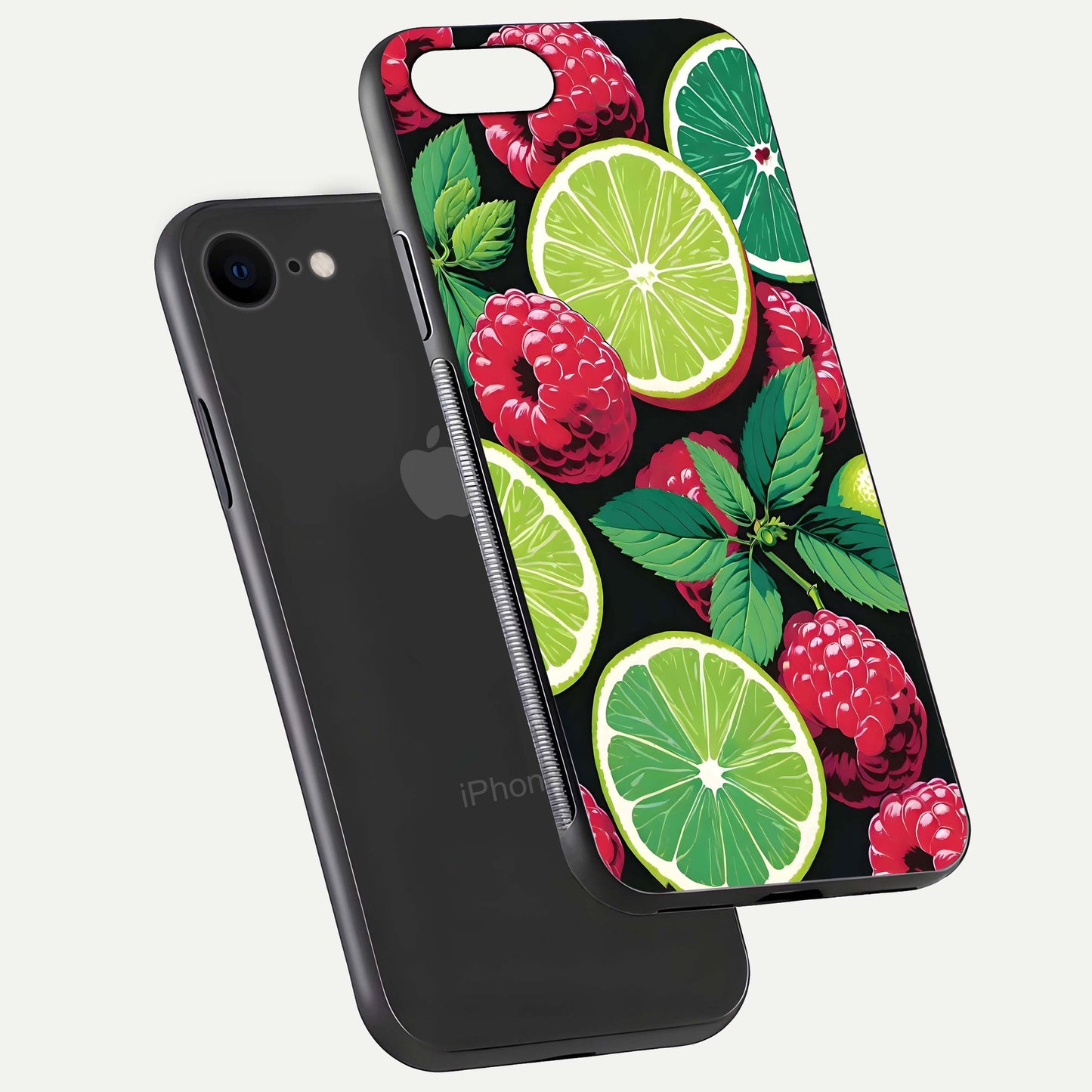 Lime and Raspberry Pattern Glass Case for iPhone 7 floating dual-view showing HD gloss and vivid print