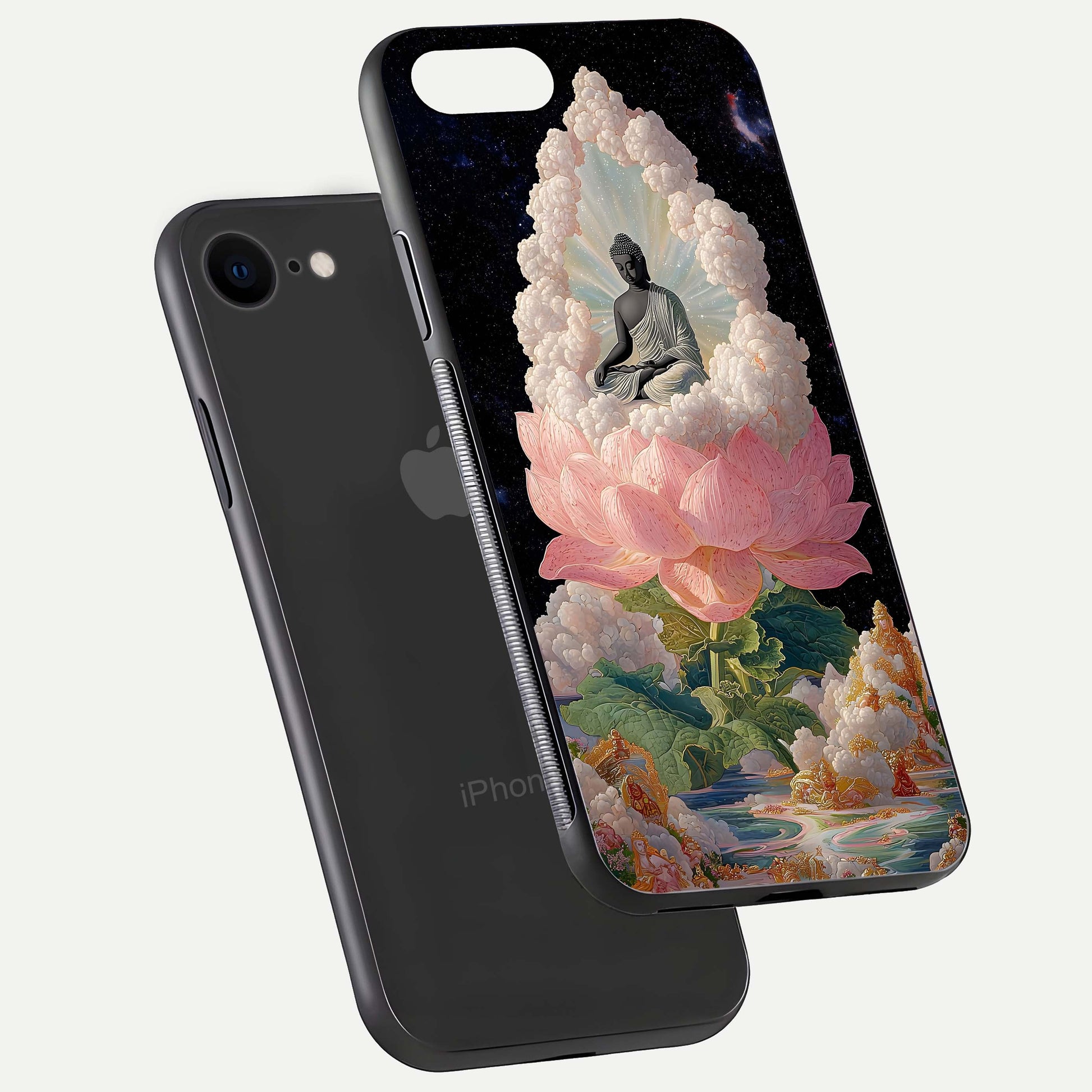 Lotus Divine Peace Glass Case for iPhone 7 floating dual-view mockup with glass glow and spiritual calm art