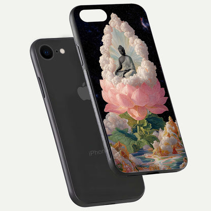 Lotus Divine Peace Glass Case for iPhone 7 floating dual-view mockup with glass glow and spiritual calm art