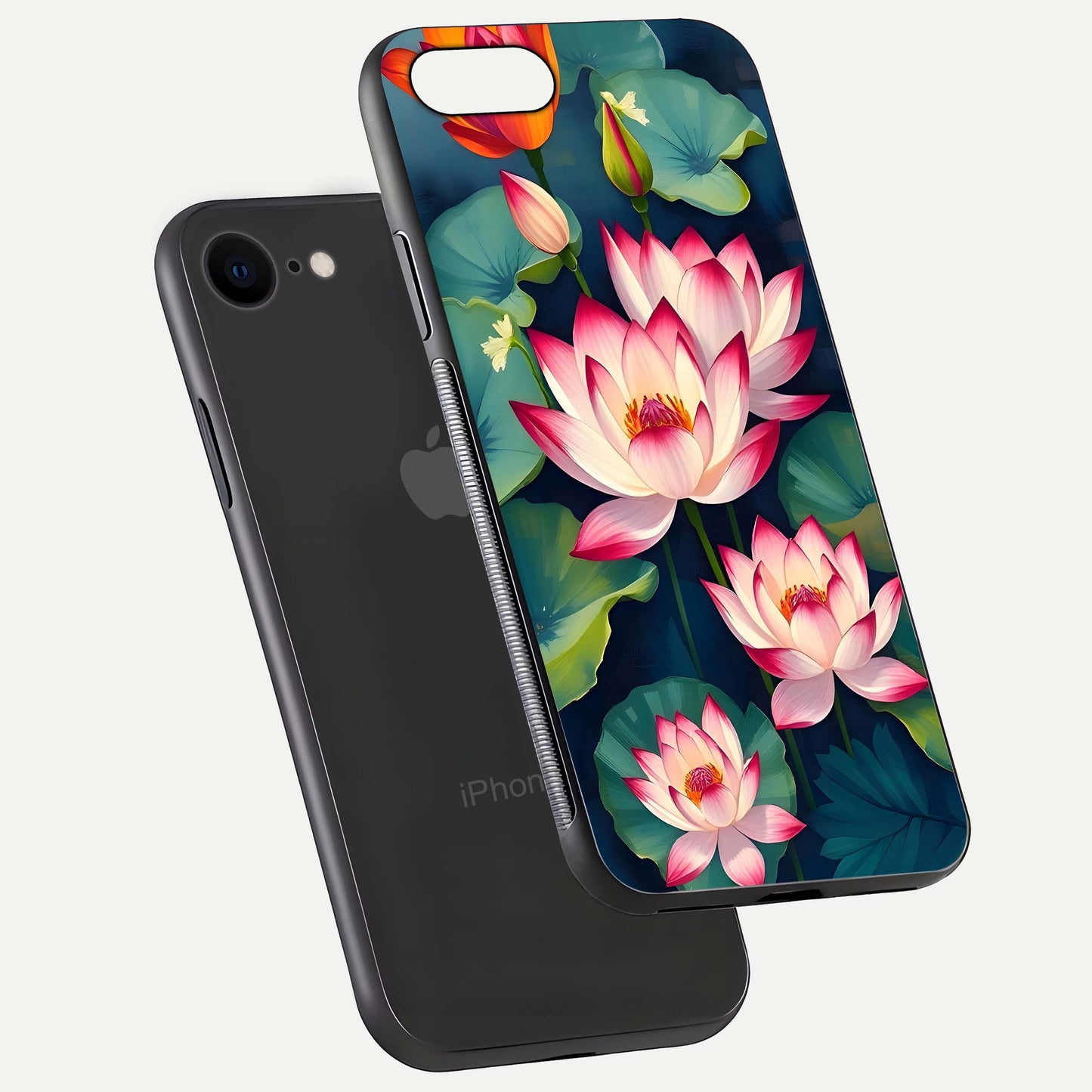 Lotus Dream Serenity Glass Case for iPhone 7 floating dual-view mockup highlighting HD gloss glow