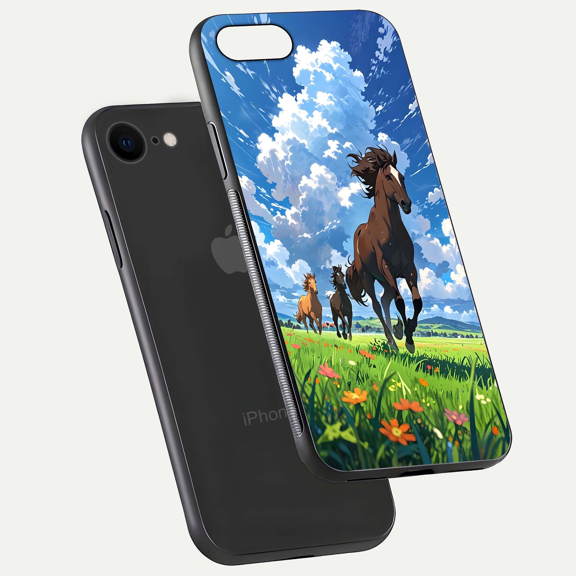 Majestic Horses Galloping Glass Case for iPhone 7 floating dual-view mockup showing gloss texture and vivid tones