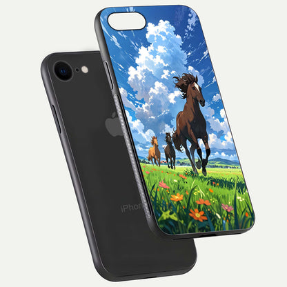 Majestic Horses Galloping Glass Case for iPhone 7 floating dual-view mockup showing gloss texture and vivid tones