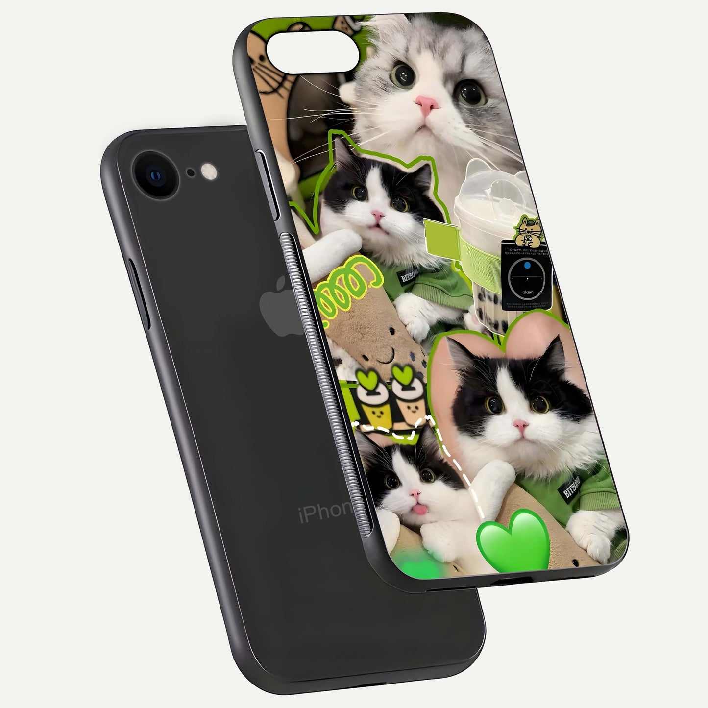 Matcha Cats Mood Glass Case for iPhone 7 floating dual-view mockup showing HD gloss surface and soft tones