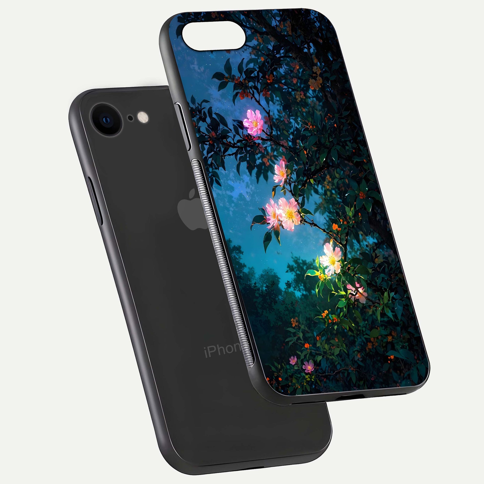 Midnight Bloom Glow Glass Case for iPhone 7 floating dual-view mockup showing HD gloss and floral contrast