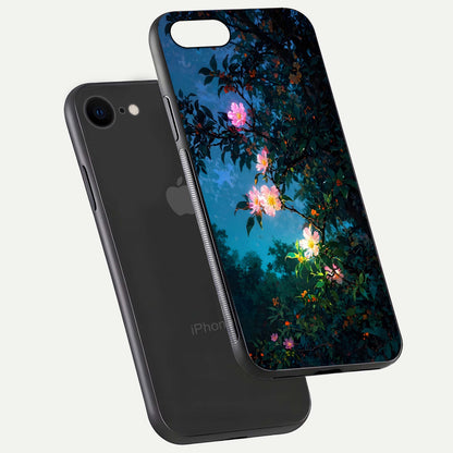 Midnight Bloom Glow Glass Case for iPhone 7 floating dual-view mockup showing HD gloss and floral contrast