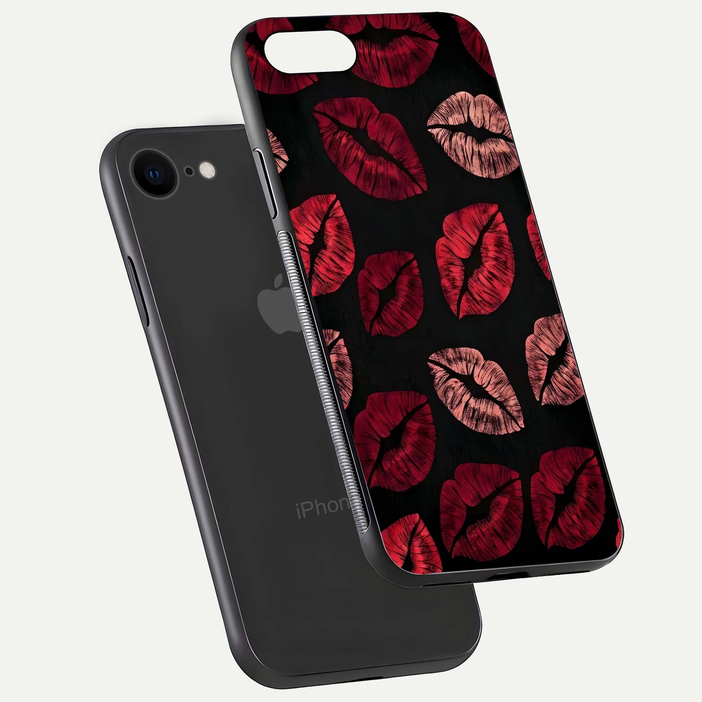 Midnight Kiss Love Glass Case for iPhone 7 floating dual-view mockup showing HD gloss and elegant edge design