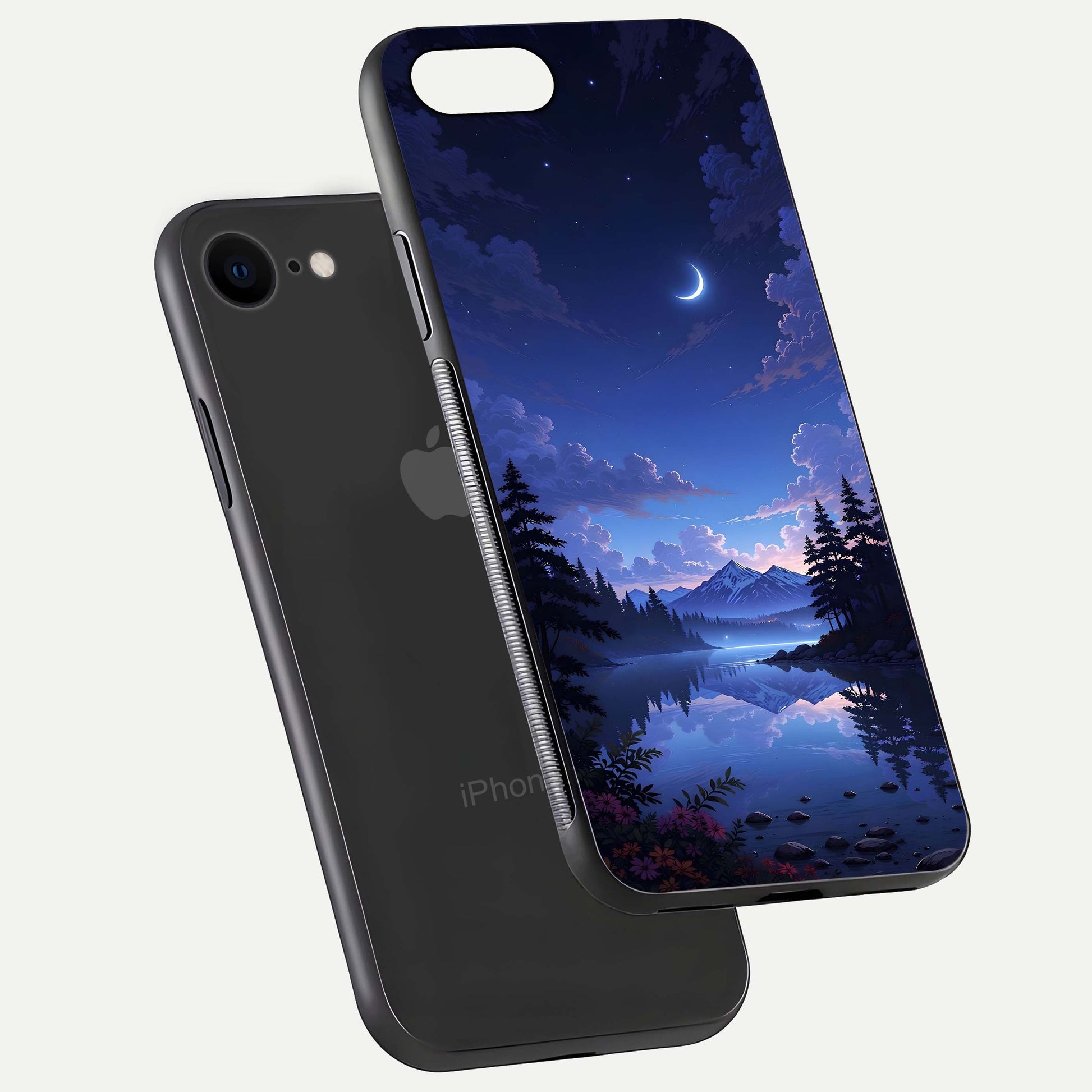 Midnight Lake Peace Glass Case for iPhone 7 floating dual-view mockup showing gloss finish and peaceful art