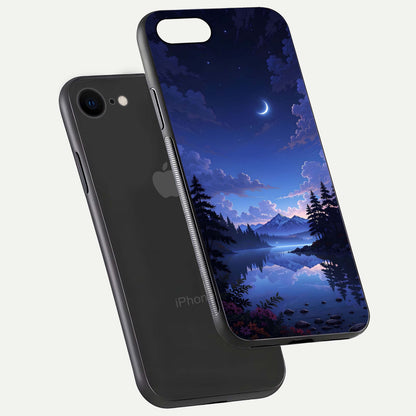 Midnight Lake Peace Glass Case for iPhone 7 floating dual-view mockup showing gloss finish and peaceful art