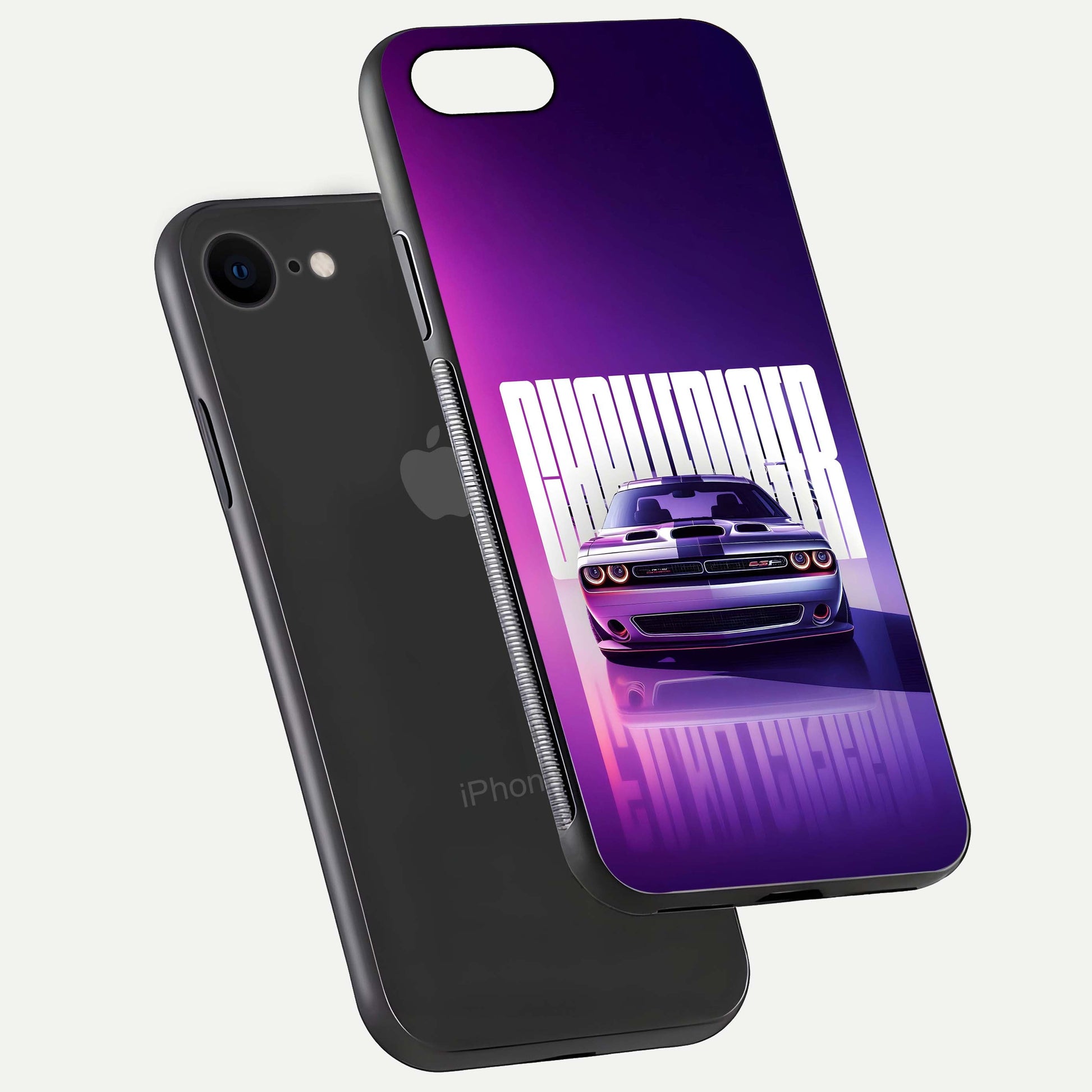 Midnight Muscle Ride Glass Case for iPhone 7 floating dual-view mockup showing glossy finish and shine depth