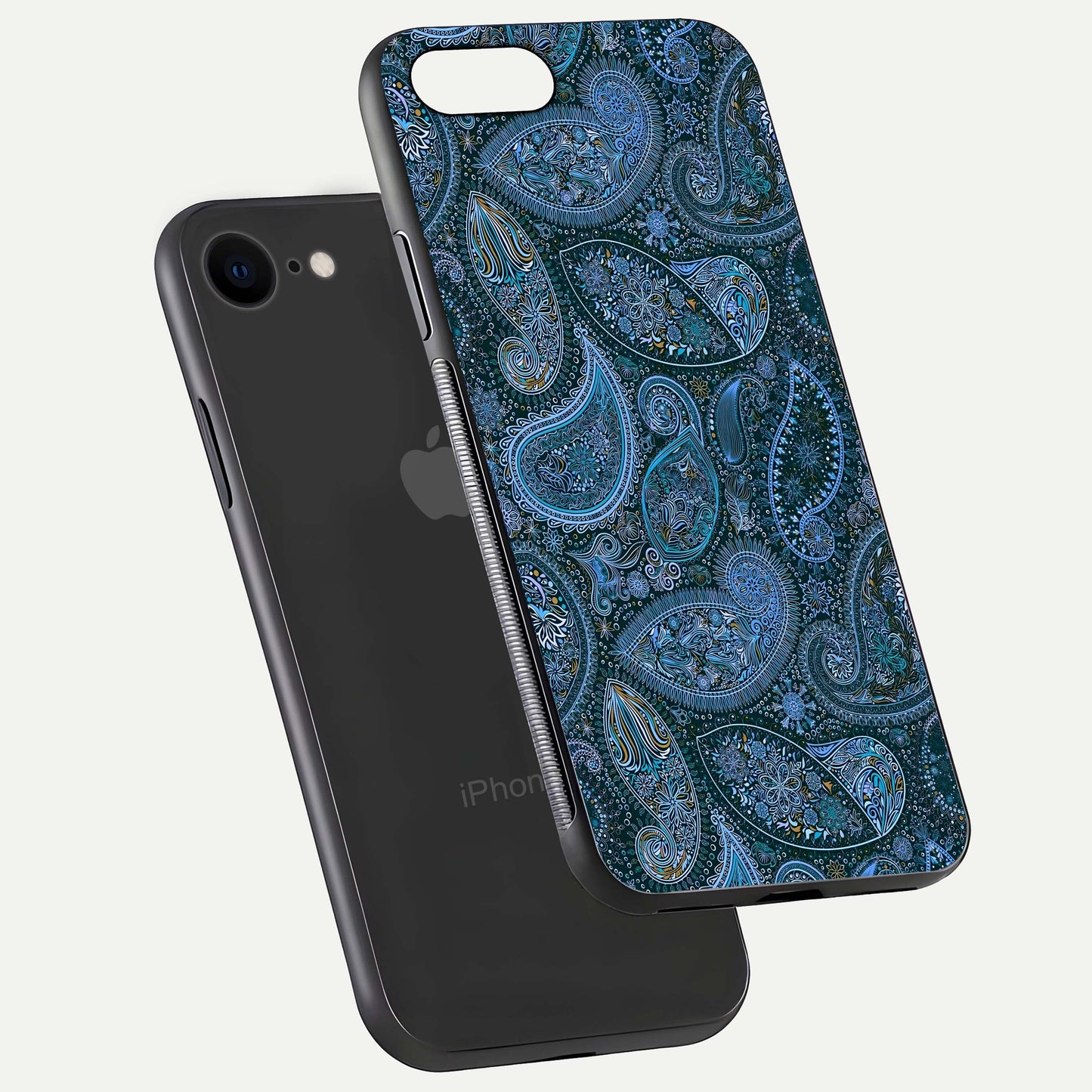 Midnight Paisley Glow Glass Case for iPhone 7 floating dual-view mockup showing HD gloss and rich pattern