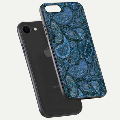 Midnight Paisley Glow Glass Case for iPhone 7 floating dual-view mockup showing HD gloss and rich pattern
