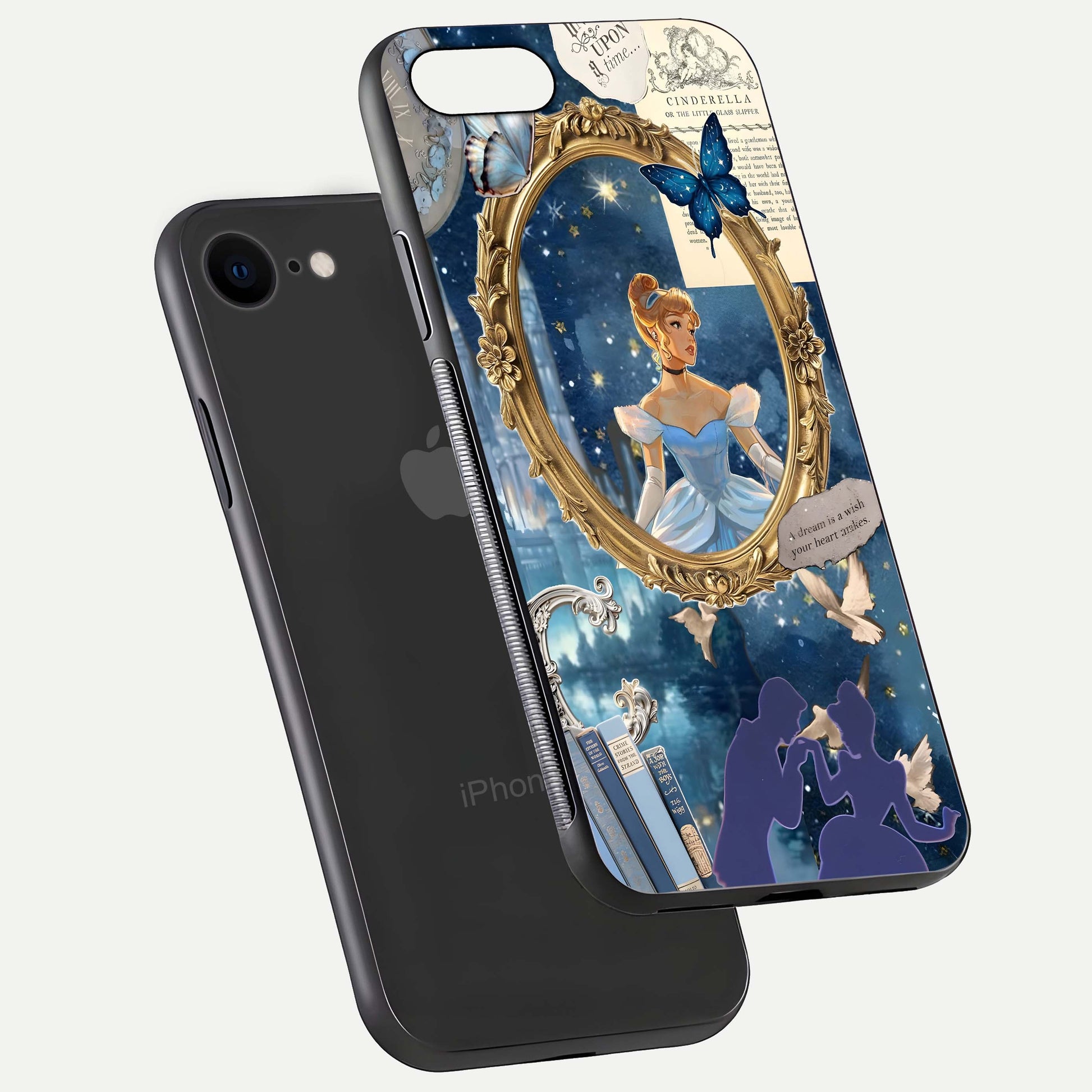 Midnight Queen Glass Case for iPhone 7 floating dual-view mockup showing HD glass shine and luxury art