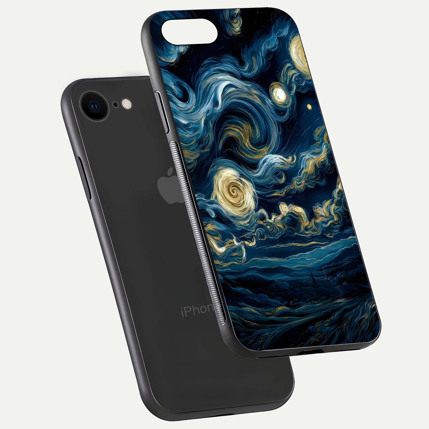Midnight Sky Whirl Glass Case for iPhone 7 floating dual-view mockup showing gloss texture and shine