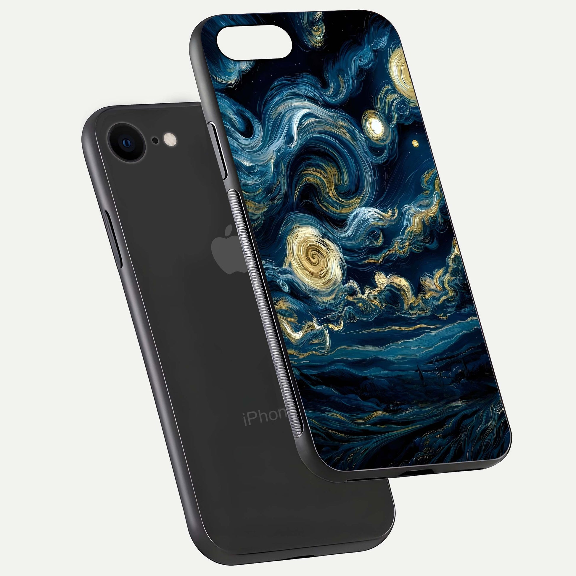 Midnight Sky Whirl Glass Case for iPhone 7 floating dual-view mockup showing gloss texture and shine
