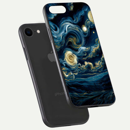 Midnight Sky Whirl Glass Case for iPhone 7 floating dual-view mockup showing gloss texture and shine