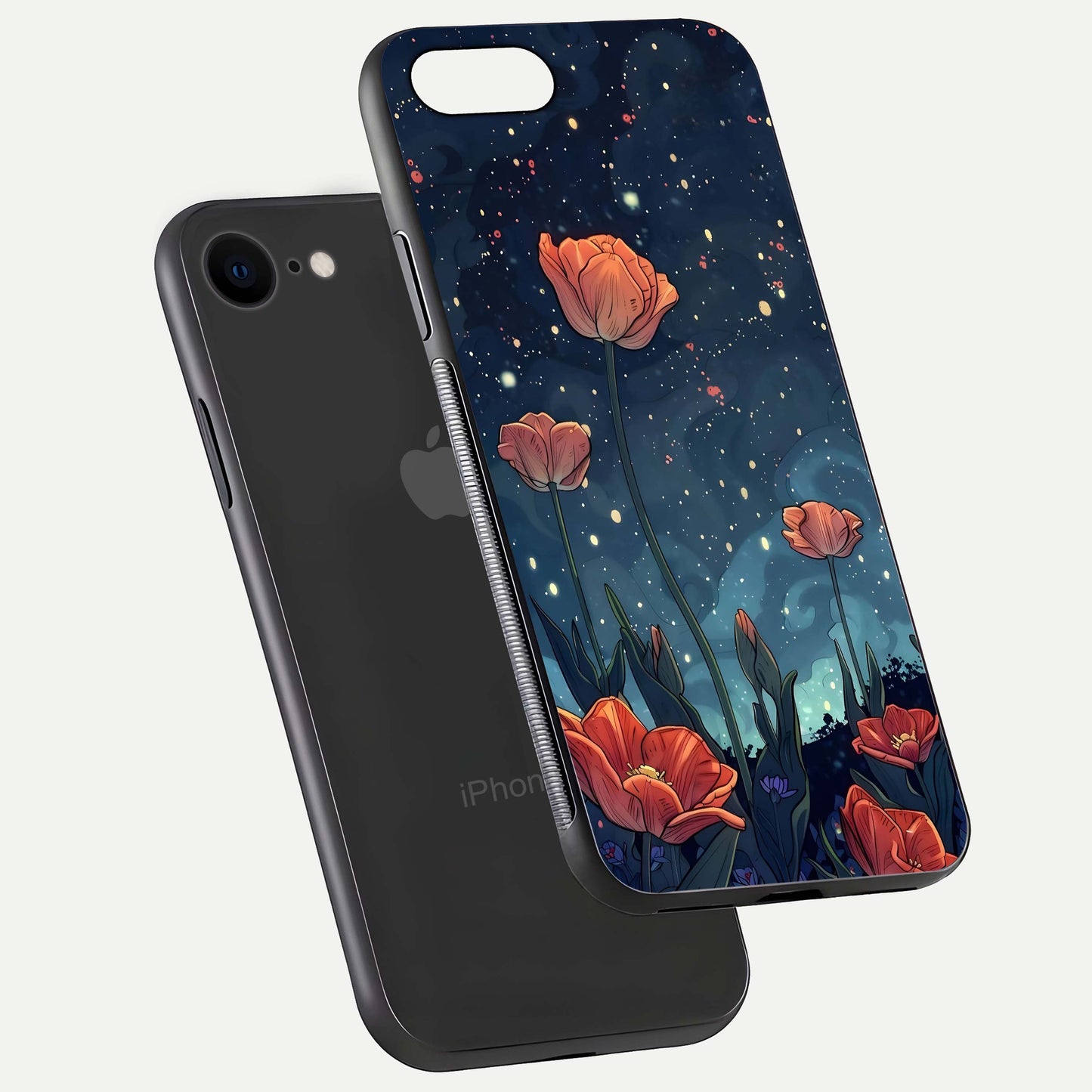 Midnight Tulip Glow Glass Case for iPhone 7 floating dual-view mockup showing HD gloss and tulip tone