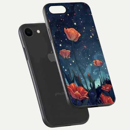 Midnight Tulip Glow Glass Case for iPhone 7 floating dual-view mockup showing HD gloss and tulip tone
