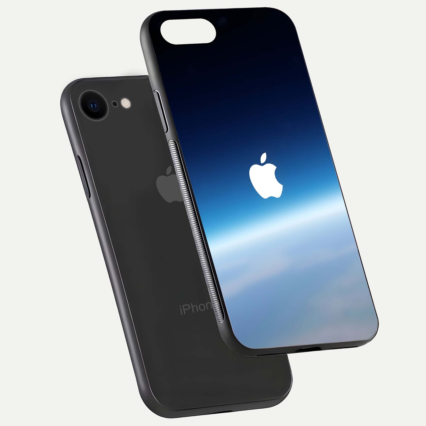Minimal Apple Sky Glass Case for iPhone 7 floating dual-view mockup showing HD gloss and Apple design