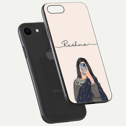 Mirror Mood Muse Custom Name Glass Case for iPhone 7 floating dual-view mockup showing reflection and luxury style