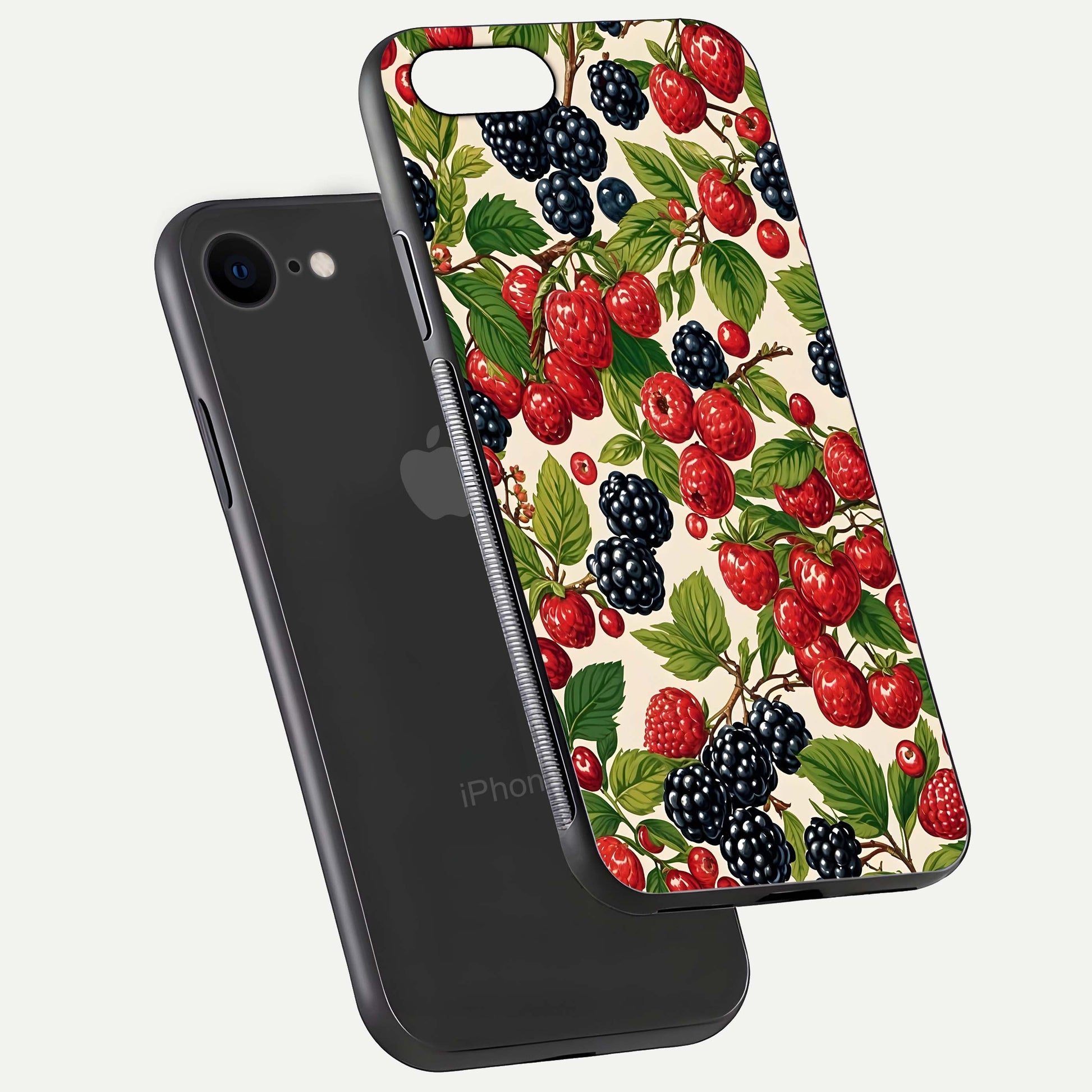 Mixed Berry Collage Glass Case for iPhone 7 floating dual-view mockup showing gloss depth and vibrant design