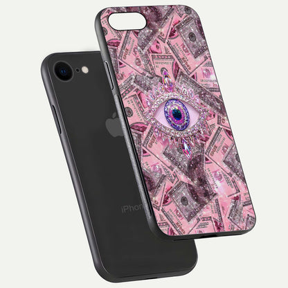 Money Eye Luxe Glass Case for iPhone 7 floating dual-view mockup showing gloss surface and premium look