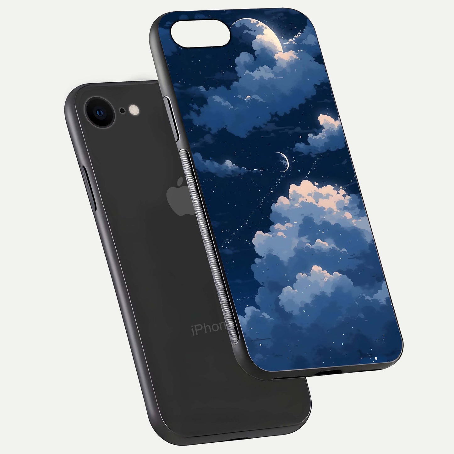 Moon Dream Haze Glass Case for iPhone 7 floating dual-view mockup showing gloss texture and calm tones