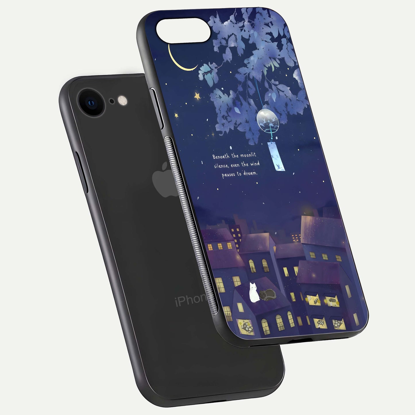 Moonlit Cat Silence Glass Case for iPhone 7 floating dual-view mockup showing gloss reflection and moon art